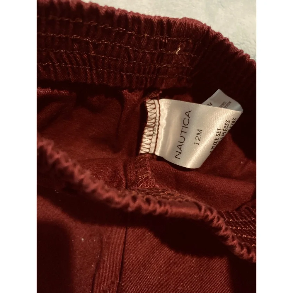 Nautica Boys 12M 2pc Set Gingham‎ Button Down Shirt and Burgundy Pants Outfit